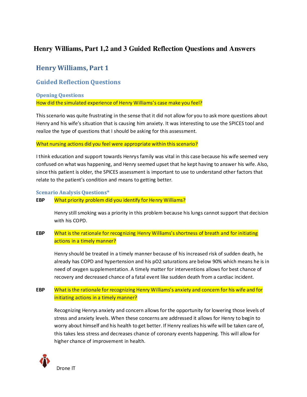 Preview of Henry Williams Part 1 - NURS 1140 Fundamentals of Nursing-Keiser University